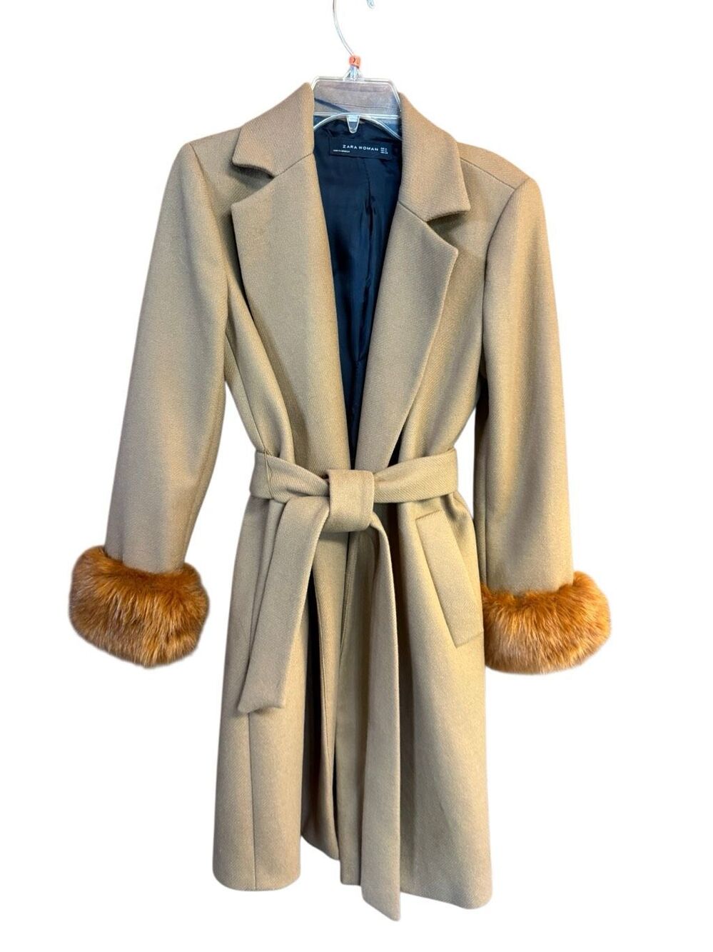 Zara Wool Blend camel lapel belted coat faux fur cuffs Sz M